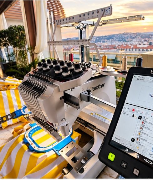 Brodeuse installée sur une terrasse d'hôtel face à Nice, tote bags rayés jaunes