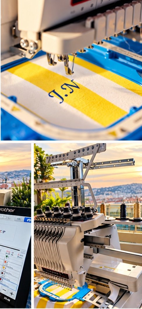 Animation broderie en direct : tote bags rayés brodés aux initiales des invités sur une terrasse d'hôtel à Nice